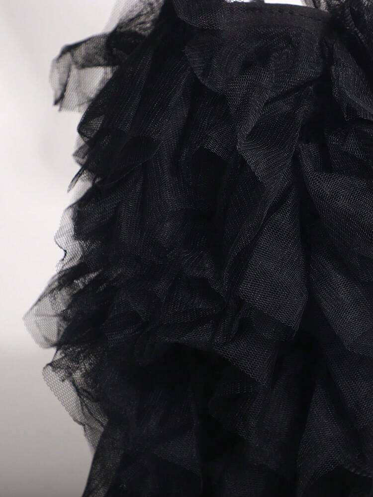 1pc Black Mesh Ruffle Tassel Pleated Princess Style Cake Skirt With Shoulder Bag - Black - View 6