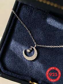 1pc S925 Sterling Silver Luxury Cool-Tone Full Rhinestone Crescent Moon & 8-Point Star Pendant Necklace, Dreamy Romantic Elegant Niche Exquisite Personalized Neck Accessory For Women, Suitable For Date, Vacation Or Daily Wear, Holiday Fashion Gift - Stars and Moon - View 8