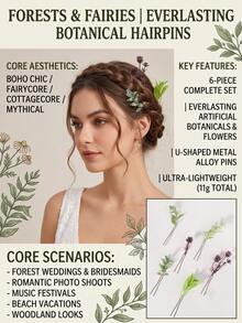 6 piezas/Set Horquillas para el cabello con forma de U con hojas de plantas artificiales, accesorios para el cabello de estilo bohemio para bodas y novias, accesorios de hadas para mujeres - Multicolor - Ver 4