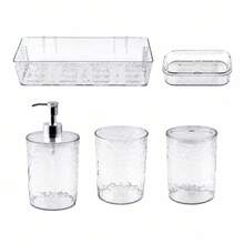 15.5x10cm Clear Acrylic Textured Bathroom Set, Modern Minimalist 5-Piece Organizer With Soap Dispenser, Cups & Tray - Clear - View 3