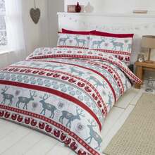 Scandi-Inspired Red Brushed Cotton Duvet Cover Set – Reversible Nordic Reindeer & Knit Mittens Design | Soft, Warm & Cozy Feel | Button Closure For Secure Fit | Includes 1 Pillowcase | Machine Washable For Easy Care | Available In Single, Double, Kin - Red - View 13