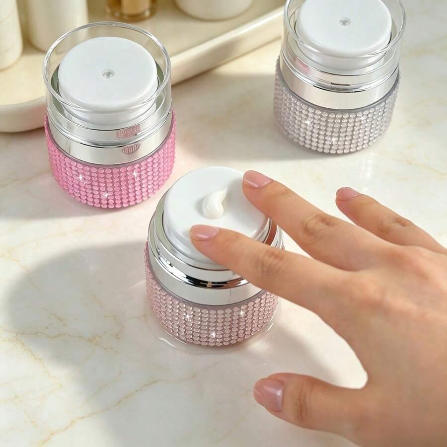 Pink, Silver And Colorful Rhinestone Refillable Dispenser Bottles, Transparent Lid Empty Skincare Containers, Suitable For Cream, Lotion, Eye Cream, Shiny Crystal Decorated Travel Cosmetic Storage Jars, Vanity Daily Use - Colorful - View 1