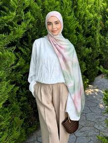 1件裝女款波西米亞風水彩印花頭巾，穆斯林防曬頭巾，優雅百搭長圍巾披肩，適合朋友聚會與日常穿著 - 粉綠色 - 查看 3