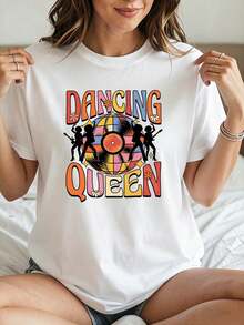 T-shirt imprimé vinyle disco "" pour femmes, col rond, manches courtes, haut musical de fête, cadeau rétro décontracté - Blanc - Voir 6