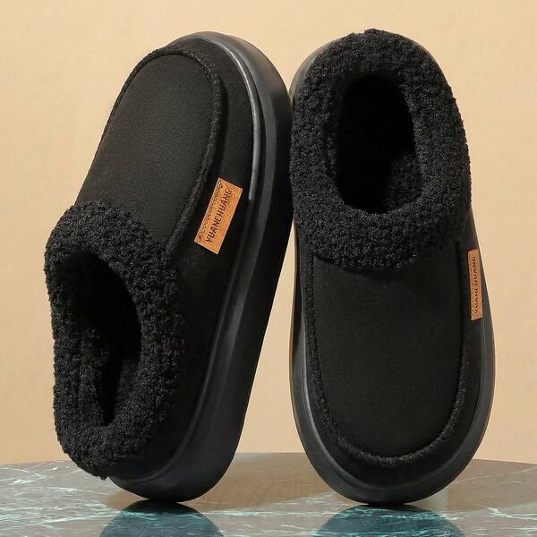 MAOLI Men's Plus Size Solid Color Casual Premium Fleece House Slippers, Round Toe Half-Covered Heel-Less Easy Slip-On, Suitable For Business Travel, Letter Side Logo With Side Stitching Craft, Height Increase Approx. 2.5cm, Indoor Bedroom Living Room Office Gym/Outdoor Snow Wear, High-End Classic Fashion Warm Comfortable, Christmas Gift For Boyfriend Father, Men's Winter House Slippers, Men's Winter Slippers