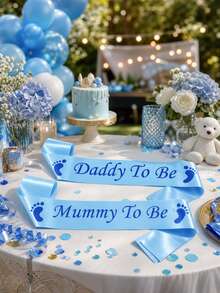 2pcs/Set Maternity And Expectant Parents Ribbon Sash Set, Light Blue Satin With Blue Print, Suitable For Baby Shower Decor, Mom And Dad Sash Set, Perfect For Maternity And Expectant Parents Photo Props, Gift For Maternity And Expectant Parents, Pregnancy Announcement Decor, Gender Reveal Party, Party Supplies - Baby Blue - View 12