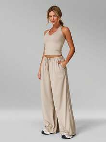 MFVIM Women's 2-Piece Sports Set, Yoga Halter Top And Wide-Leg Casual Pants, Breathable, Soft, And Comfortable, Perfect For Daily Wear - Linen - View 8