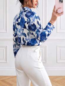 Vibrant Floral Print Colorful Casual Long Sleeve Shirt - Blue and White - View 3