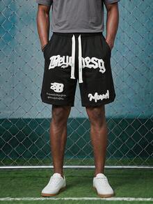 EVRINFINITE Men's Summer Popular Letter Flocking Shorts, Versatile Embroidery Casual Workout Shorts, Emo, 2000s Style, Fall/Winter - Raven - View 1