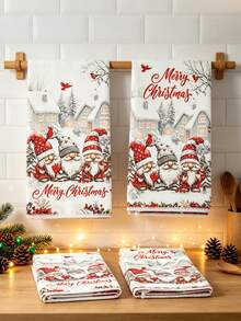 2件組聖誕小矮人廚房抹布，40*48cm 雪屋與一品紅圖案餐巾布，柔軟聚酯纖維手巾，居家聖誕裝飾，廚房配件，桌面裝飾，浴室入厝禮物，節日冬季假期裝飾 - 紅帽無臉娃娃 - 查看 2