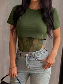 GLAMSKIN Women's Sexy 2-In-1 Short Sleeve Bodysuit, Lace Patchwork Sheer Mesh Summer Party Outfit, Casual Dating Autumn Back To School Outing Wear - Army Green - View 5