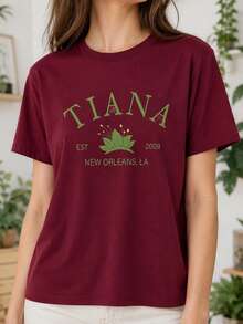 Women's Maroon Cotton T-Shirt With Tiana New Orleans Graphic Print, Casual Cute Round Neck Short Sleeve Top - 酒紅色 - 查看 1