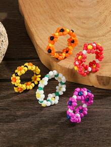 5pcs Summer Creative Colorful Daisy Elastic Cord Ring Set, Beach Vacation Girl Style Floral Beaded Multi-Layer Stackable Rings, Suitable For Women, Fashion Stackable Rings, Suitable For Summer Beach Vacation, Suitable For All Seasons - Multicolor - View 3