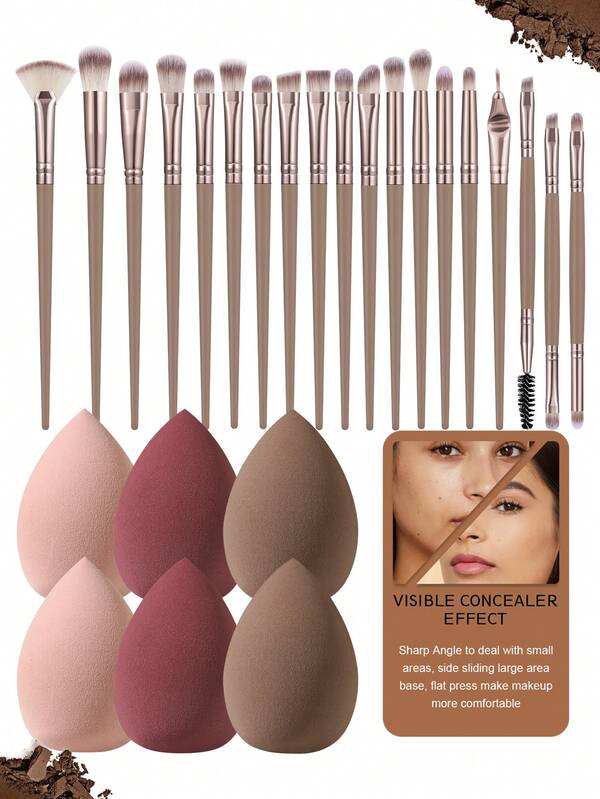 25 Stücke/2 Stücke Kaffeeschwarz-Roségold Make-up-Pinsel-Set, 6 Stücke Mehrfarbige Wassertropfen-Make-up-Schwämme Trocken-Nass-Doppelnutzung Foundation-Blending-Kosmetikschwamm Make-up-Applikator-Werkzeug-Set