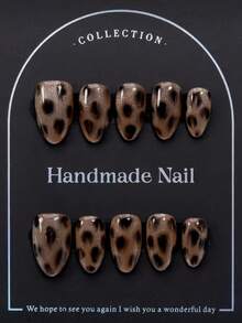 Unghie finte adesive corte a mandorla 100% fatte a mano, con stampa tartarugata dipinta a mano e base glitter cat-eye marrone, lucide, adatte per uso quotidiano, appuntamenti, viaggi autunnali, eventi vintage, incontri casual e outfit vintage - Multicolore - Visualizzare 2