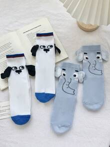 2 Pairs/1 Pair 3D Animal Ear Socks, Unisex Cute Creative Cartoon Socks With Puppy & Elephant Patterns, Suitable For Couples, Home Life, Pajama Party, Performance Outfits - Multicolor - View 9