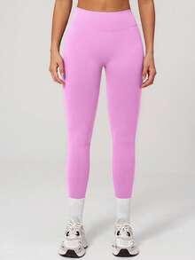 KyrLssu Plain High Rise V Waistback Sports Leggings, Stretch Skinny Workout Running Tights For Daily & Gym Wear - Pink - View 3