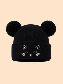 1PC Toddler Cartoon Cat Embroidered Double Pom Pom Knitted Hat, Foldable Soft Warm Beanie, Suitable For Toddler Daily Outings Winter Hat - Multicolor - View 6