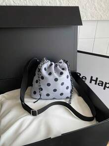 1Pc Nylon Solid Color Drawstring Bucket Bag With Polka Dot Pattern, Fashion Crossbody Shoulder Bag For Women - Grey - View 1
