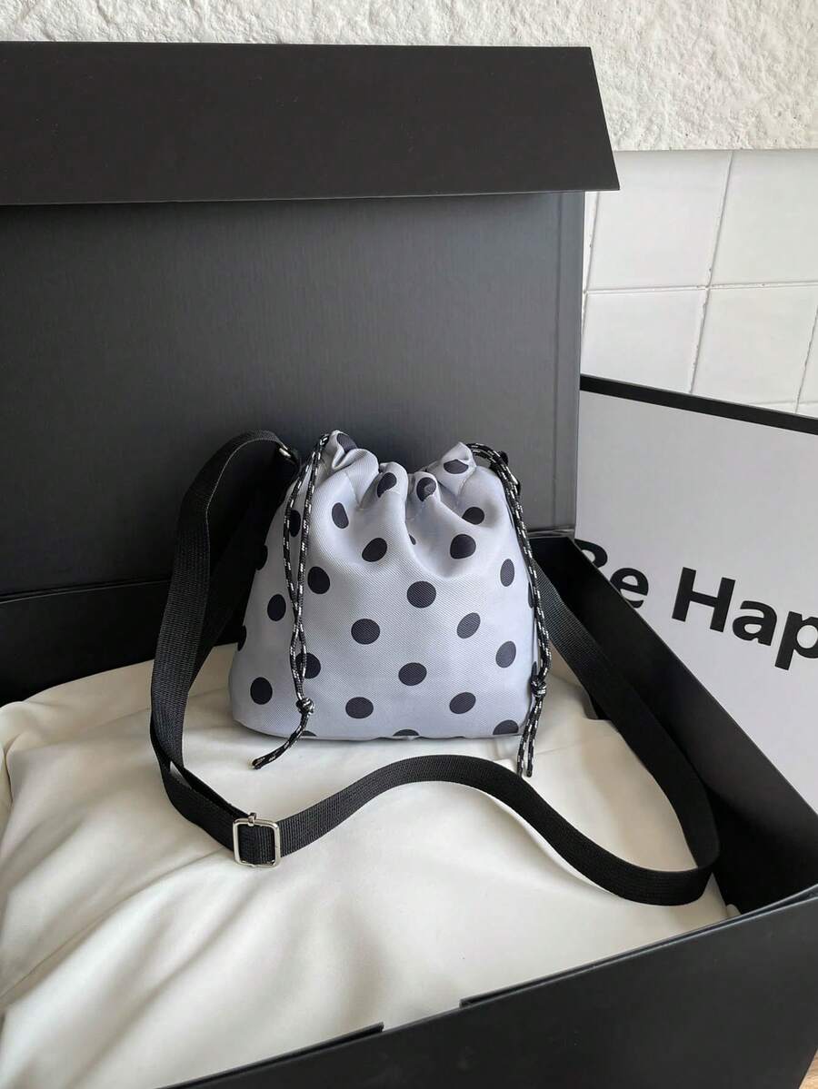 1Pc Nylon Solid Color Drawstring Bucket Bag With Polka Dot Pattern, Fashion Crossbody Shoulder Bag For Women - Grey - View 1
