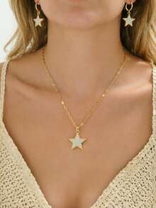 3pcs/Set Fashion Sparkling Full Cubic Zirconia Star, Five-Pointed Star Stainless Steel Women's Necklace Set, Suitable For Women's Daily Wear, Beach Vacation, Travel, Party - Yellow Gold - View 1