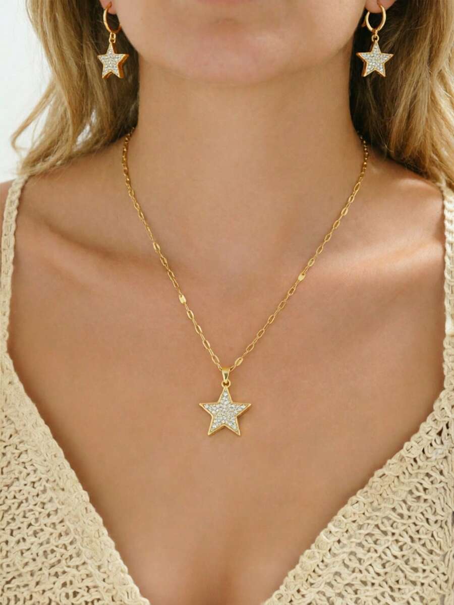 3pcs/Set Fashion Sparkling Full Cubic Zirconia Star, Five-Pointed Star Stainless Steel Women's Necklace Set, Suitable For Women's Daily Wear, Beach Vacation, Travel, Party - Yellow Gold - View 1