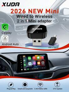 2026 新款 XUDA 2合1 無線 CarPlay / Android Auto 超迷你轉接器，2.4-5.0 GHz WiFi6 車載轉換器，有線轉無線，快速自動連接智能盒，無延遲，緊湊設計，時尚便攜，小巧精緻，配備 USB/USB-C 接口，免電池 - C - 查看 2