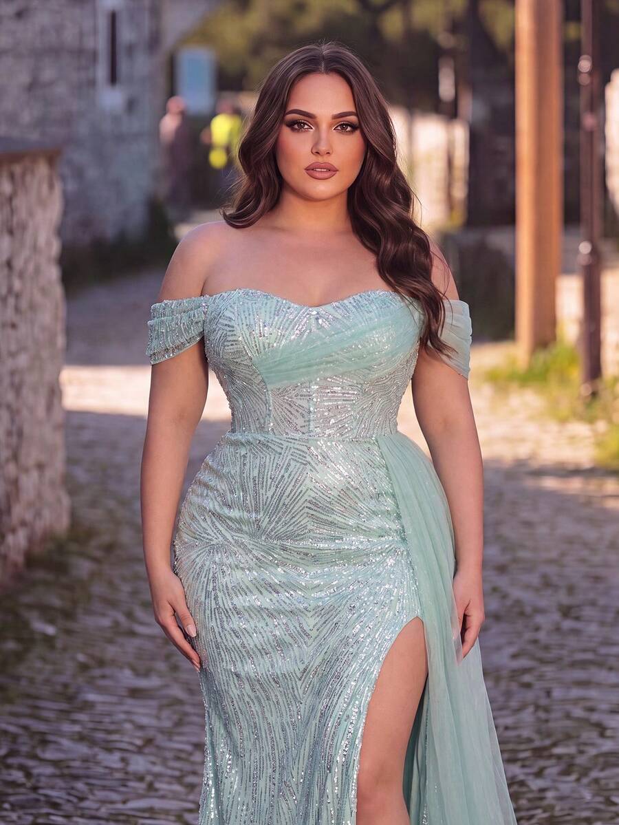 Faeriesty Đầm dạ hội cao cấp size lớn đính sequin và hạt cườm, hở vai, cổ hở, xẻ tà bên hông, cho tiệc cưới mùa thu