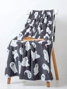 1pc Polyester Grey Bath Towel Or Kitchen Small Towel, Thin, Halloween Ghost Pattern, Unisex, All-Season, Quick-Dry Absorbent, Suitable For Bathroom, Holiday Gift, School, Outdoor Travel, Home Decor, Beach - Dark Grey - View 2