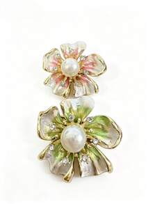 1Pc Sparkly Rhinestone Petal Flower Shape Pearl Inlaid Lapel Pin, Retro Chic Versatile Brooch, Jewelry For Ladies Daily & Gathering Wear - Floral Style B Pink - View 1