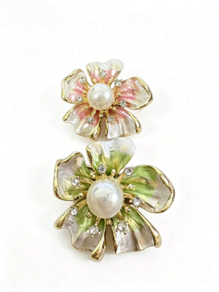 1Pc Sparkly Rhinestone Petal Flower Shape Pearl Inlaid Lapel Pin, Retro Chic Versatile Brooch, Jewelry For Ladies Daily & Gathering Wear - Floral Style B Pink - View 1