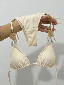 Bikinx 女士时尚挂脖比基尼套装，采用系带露背设计，饰有串珠圆环，侧边系带下装，适合度假海滩夏季穿着。 - 杏色 - 查看 3