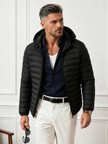 Men's Winter Solid Color Minimalist Versatile Casual Hooded Padded Coat - Black - View 3