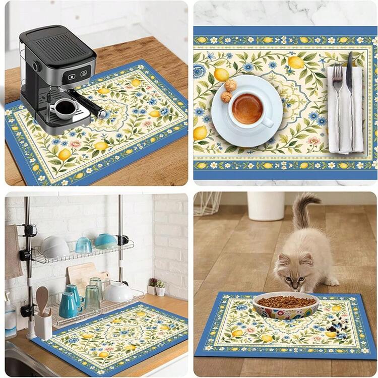 1pc Dish Drying Mat, Coffee Machine Mat, Mediterranean Fresh Lemon Floral Pattern Dish Drying Mat, Absorbent Water-Draining Table Mat, Kitchen Countertop Bowl & Plate Storage Mat, Kitchen Decor - XYLSD746 - View 10