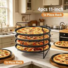 4-Piece 11-Inch Perforated Round Pizza Trays Set – Oven- Baking Trays With Support Racks For Home Cooking, Baking, And Grilling Use - Black - View 1