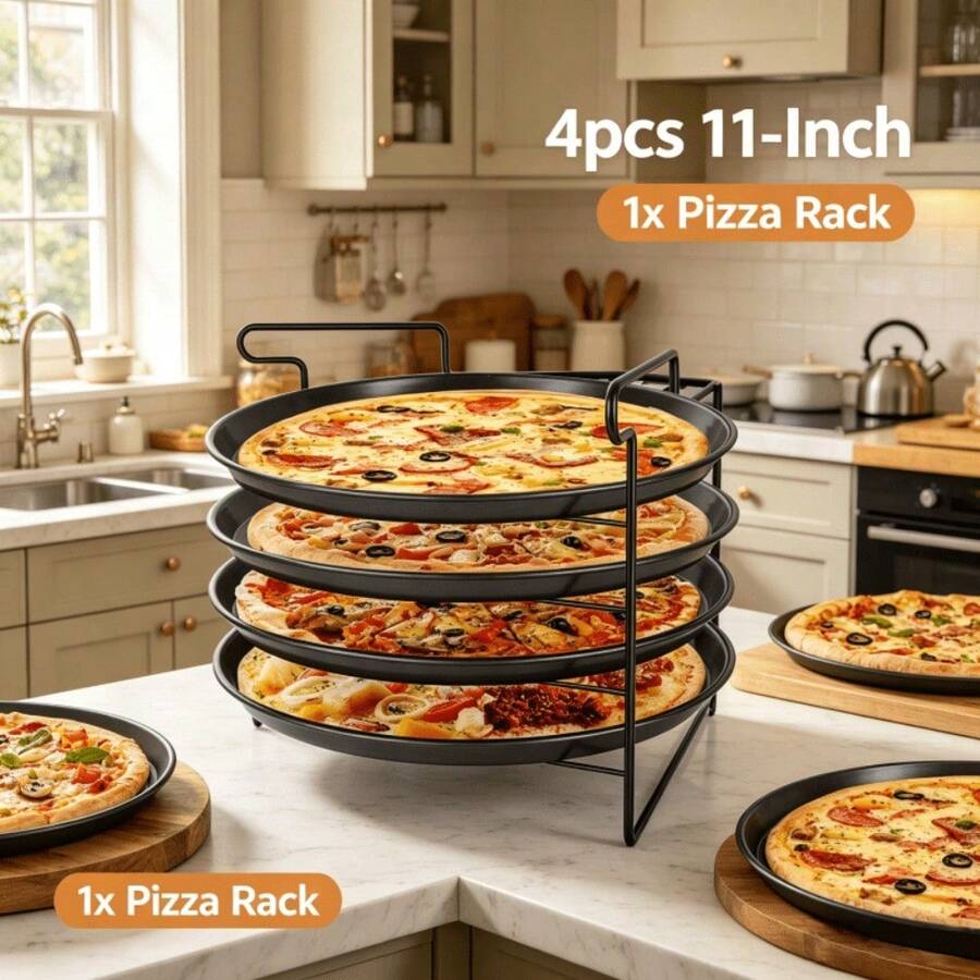 4-Piece 11-Inch Perforated Round Pizza Trays Set – Oven- Baking Trays With Support Racks For Home Cooking, Baking, And Grilling Use - Black - View 1