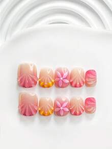 10片裝休閒風手工穿戴甲，Polygel美甲套組，水滴與花卉元素，洋紅色與橘色指甲油，度假風，附美甲工具，3種尺寸可選：方形、短方形、杏仁形，適合派對、跳舞、日常配戴 - 彩色 - 查看 20
