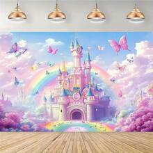 2d Flat Banner 1pc, Magic Fairy Story Castle Background With Vibrant Rainbow Butterflies And Romantic Buildings, Suitable For Wedding Birthday Anniversary Banner Background. - 1 - View 6