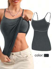 1pc Adjustable Strap Padless Camisole, Casual Layering Sleeveless Top, Backless Design, Deep Grey, Spring/Summer - Dark Grey - View 3