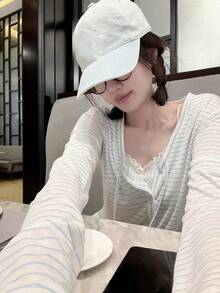 Women's Elegant Casual Striped V-Neck Cardigan Jacket, Autumn Sun Protection Top - Blue - View 5