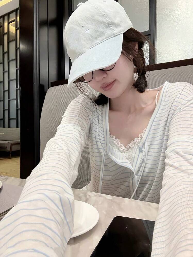 女款優雅休閒條紋V領開襟外套，秋季防曬上衣 - 藍色 - 查看 5