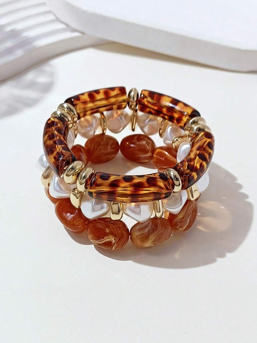 3pcs/Set Fashionable Retro Thick Multicolor Asymmetrical Acrylic Beaded Bracelet Set, Suitable For Women, Daily Wear, Gift For Friends And Family - Multicolor - View 1