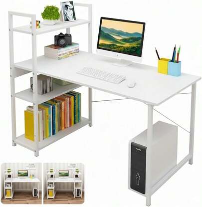 KACOTA Escritorio Minimalista con Repisa de 3 Estantes, Escritorio para Computadora, Moderno Escritorio Game de Metal, Estilo Minimalista Moderno, Escritorios para Oficinas en el Hogar(100D*40W*100H)