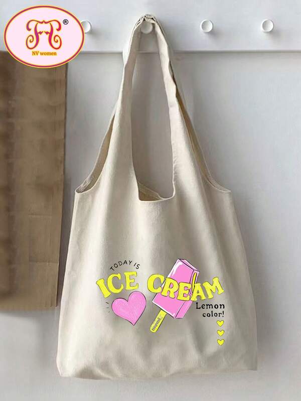 1pc Beige Fashion Heart Print Women's Canvas Tote Bag, Portable Shopping Bag For Outings, Daily Commute, Reusable