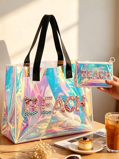 Holographic Laser Transparent PVC Beach Tote Bag, Large Capacity Beach Letter + Matching Pattern Zipper Pouch, Waterproof Sand-Resistant Easy To Clean, Can Store Swimwear, Towels, Sunscreen, Cosmetics, Suitable For Beach Vacation, Pool Party, Camping Picnic, Short Trip Scenarios, Ideal For Students, Moms, Travel Girls, Qixi Festival, Birthday, Summer Festival Gifts, Also Can Be Used As Toiletry Bag, Shopping Bag, Travel Organizer, Graduation Season, Back To School, Teacher's Day