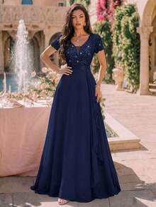 MIUSOL Deep V-Neck Contrast Sequin Lace Ruffle Trim Chiffon Formal Party Maxi Dress,Formal Evening Gown - Navy Blue - View 4