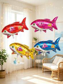 4pcs 4-Color Underwater Shark Foil Balloons, Suitable For Birthday Party Decoration, Theme Party Setup, Ocean Theme Decor, Marine Animal Theme Atmosphere Decoration - Ocean Sharks - View 2