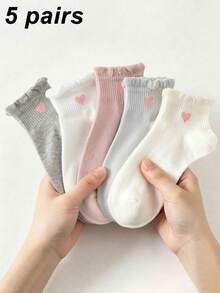 1/5 Pairs Women's Ruffle Edge Heart Solid Color Short Socks, Sweat-Absorbent Breathable Casual Socks, Suitable For Daily Wear, Sports, Back To School Season - Multicolor - View 7