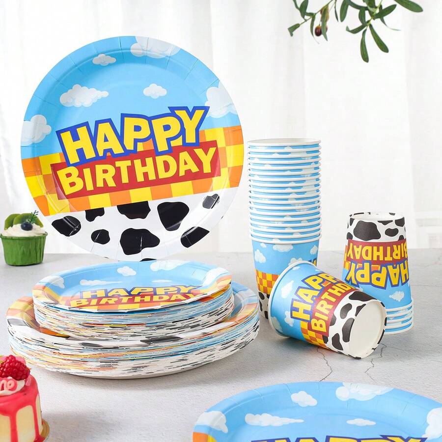 Cow Print Birthday Disposable Tableware Set, 7/9 Inch Party Plates, Disposable Paper Plates And Cups, Suitable For Holidays, Weddings, Engagements, Birthdays, Parties, Celebrations - Multicolor - View 1