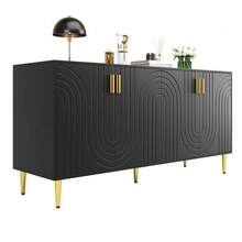 Black Sideboard (152 X 40 X 75 Cm) With A Unique Wave Design And Gold Handles And Feet, Creating An Elegant Dining Area - 黑色 - 查看 1